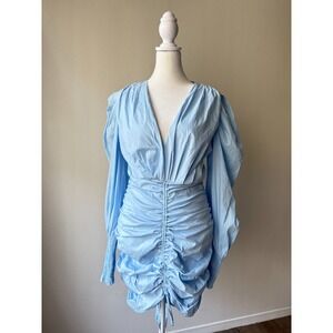 Privy Light Blue Cotton Ruched Puff Sleeve Deep V Neck Bodycon Mini Dress Size L